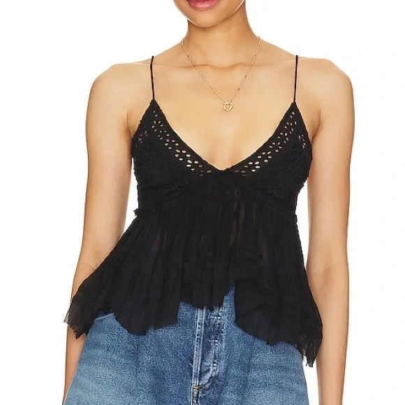 REVOLVE FREE PEOPLE BLACK CARRIE EYELET FREEFLOWING ADJUSTABLE STRAP TANK TOP!📦 - Picture 1 of 6